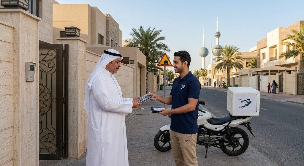 مندوب توصيل محترف يقوم بتوفير وتسليم وبرمجة ريموت كنترول بسرعة وكفاءة ضمن خدمات توصيل ريموت السرة بالكويت لضمان راحة العملاء.